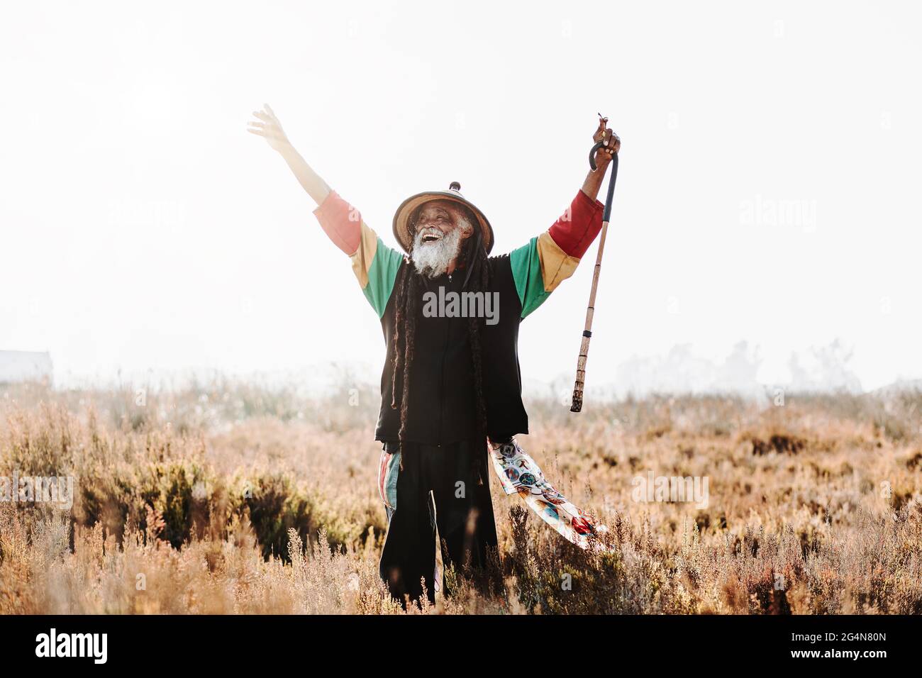 Allegro rastafari etnici con dreadlock che si guarda via celebrando la vittoria mentre si trova in un prato asciutto nella natura Foto Stock