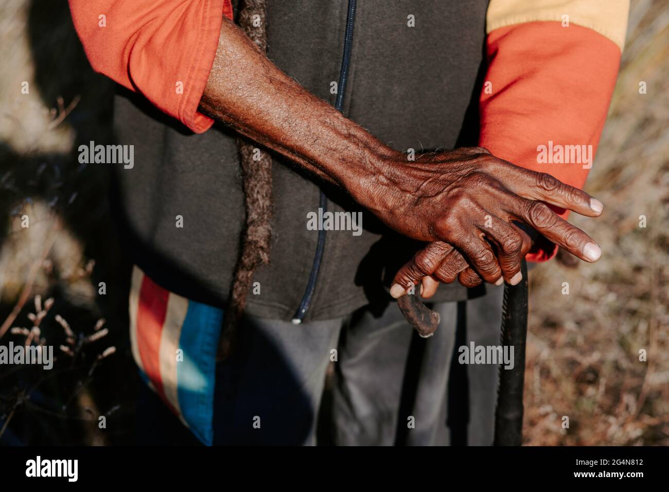 Cropped irriconoscibile vecchio rastafari etnico con temadlock standingwith bastone in un prato asciutto nella natura Foto Stock