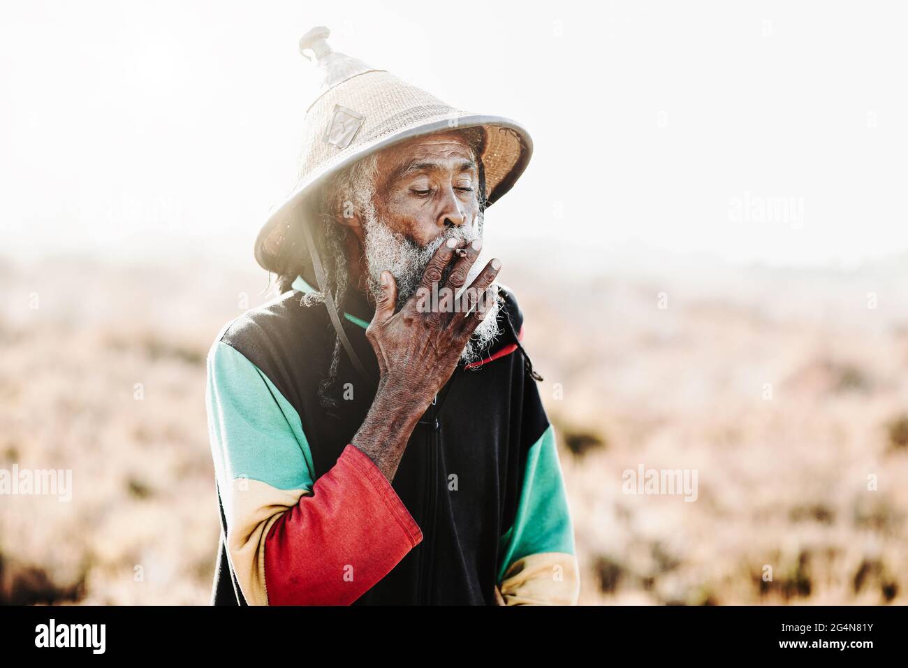 Allegro vecchio rastafari etnico con dreadlock fumo erbacce in piedi in un prato asciutto nella natura Foto Stock