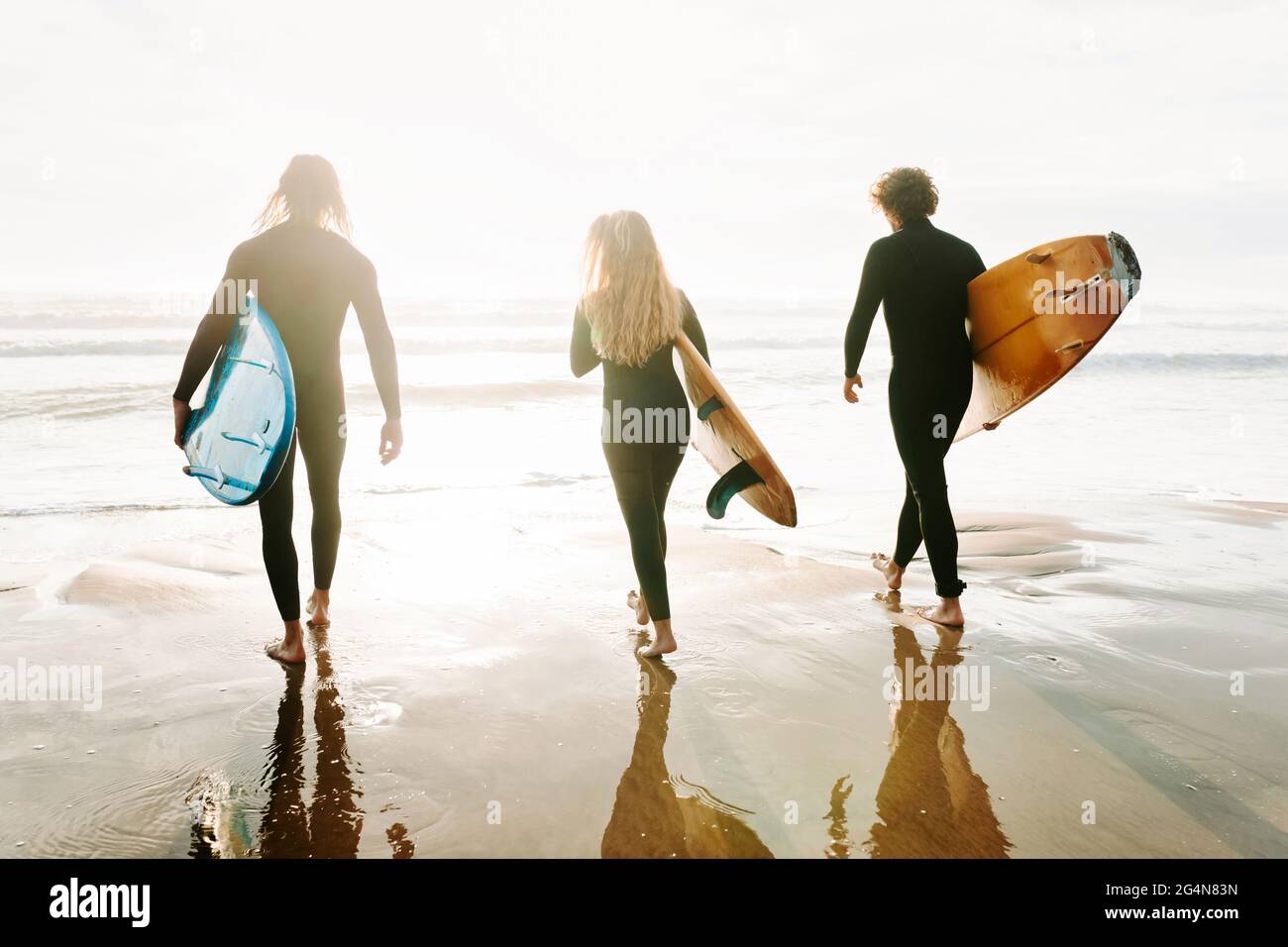 Vista posteriore di un gruppo irriconoscibile di amici surfisti vestiti con mute che camminano con tavole da surf verso l'acqua per catturare un'onda sulla spiaggia durante Foto Stock