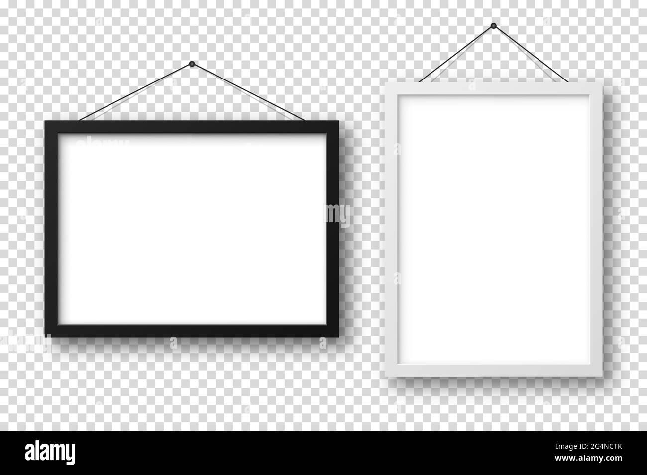 Fotogrammi realistici in bianco e nero con ombra su sfondo a scacchi. Appeso su un poster a parete vuoto mockup. Cornice fotografica vuota. Vettore Illustrazione Vettoriale