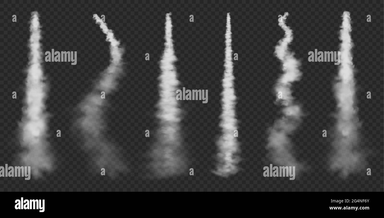 Percorsi realistici di condensazione in aereo. Lancio del razzo spaziale. Missile o bullet trail. Piste per aerei a reazione. Nuvole di fumo bianche, nebbia. Flusso di vapore. Vettore Illustrazione Vettoriale