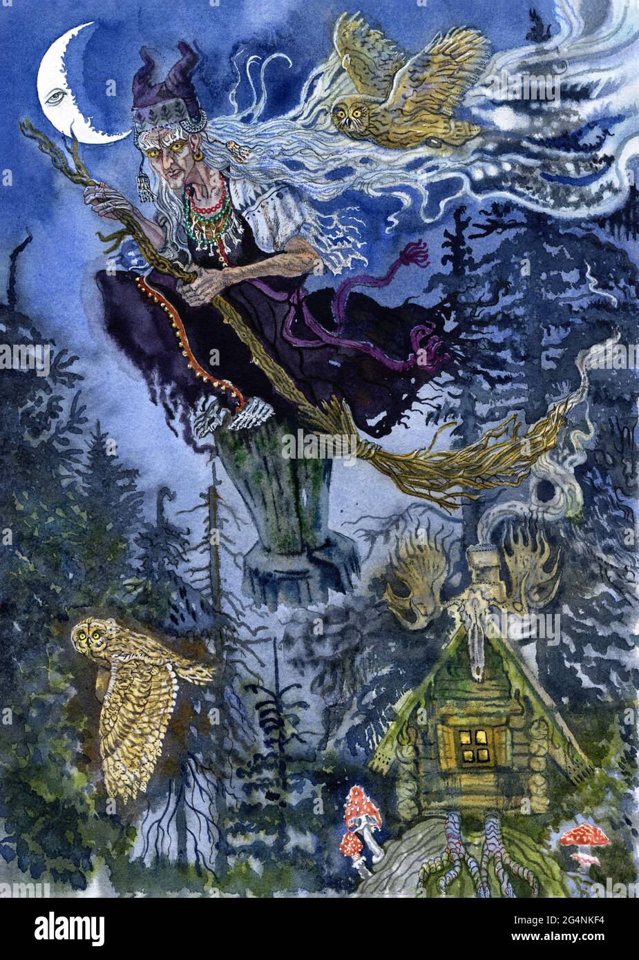 Baba Yaga la strega del folklore slavo. Vive nella foresta in una capanna sulla gamba di pollo e vola in un mortaio che copre le sue tracce con una scopa. Wate Foto Stock