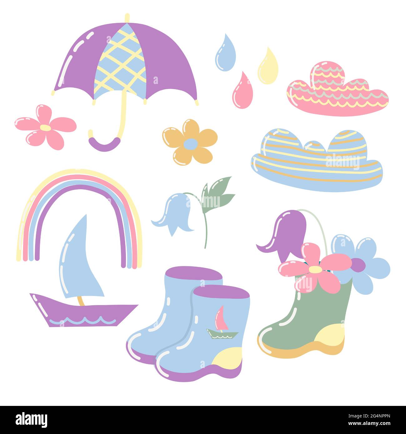 Insieme di immagini carine per bambini di oggetti cartoon sul tema della pioggia. Collezione vettoriale di stampe, adesivi, clipart per bambini design. Illustrazione Vettoriale