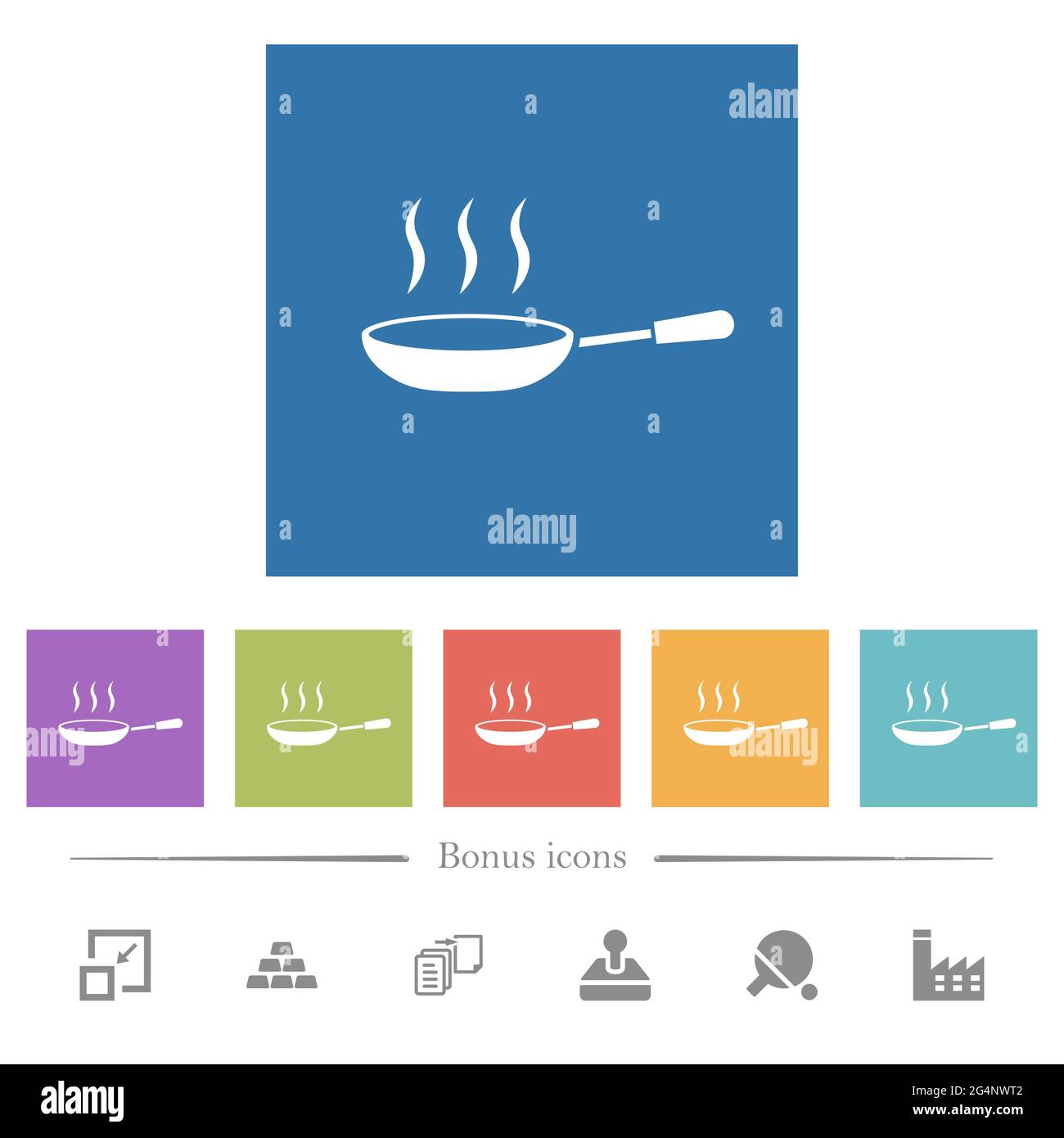 Padella per la cottura a vapore con icone bianche piatte su sfondo quadrato. 6 icone bonus incluse. Illustrazione Vettoriale
