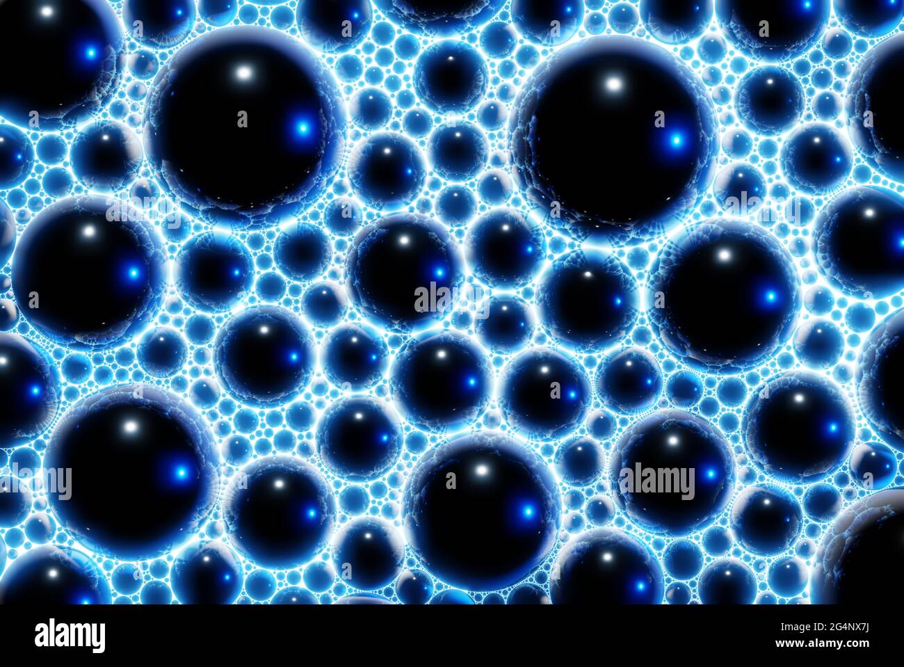 Sfondo astratto costituito da più bolle o sfere di metallo, acqua, liquido o materia scura nello spazio o in più versi. Rendering 3D Foto Stock