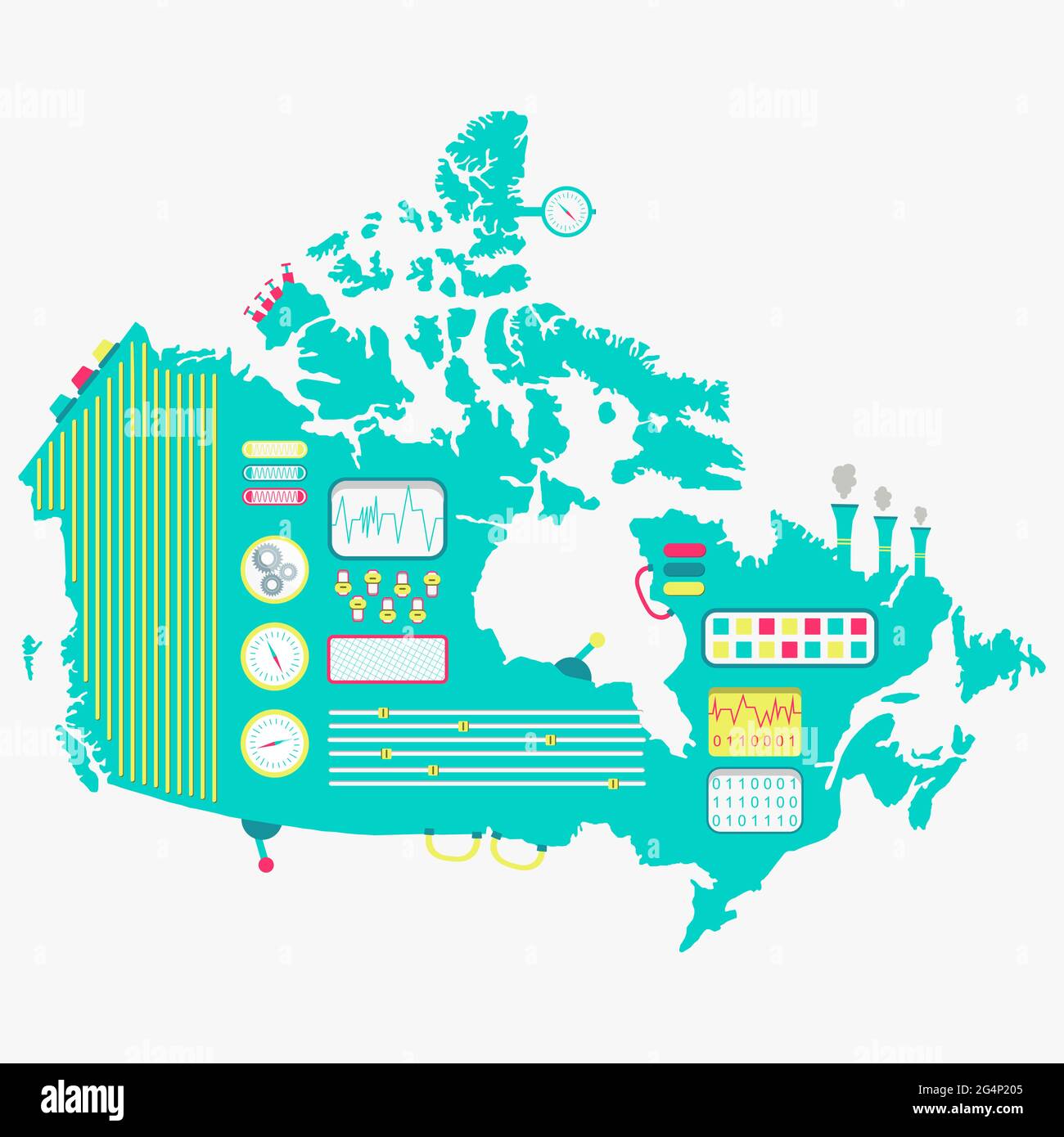 Mappa del Canada come una macchina carina con pulsanti, pannelli e leve. Isolato. Sfondo bianco. Illustrazione Vettoriale