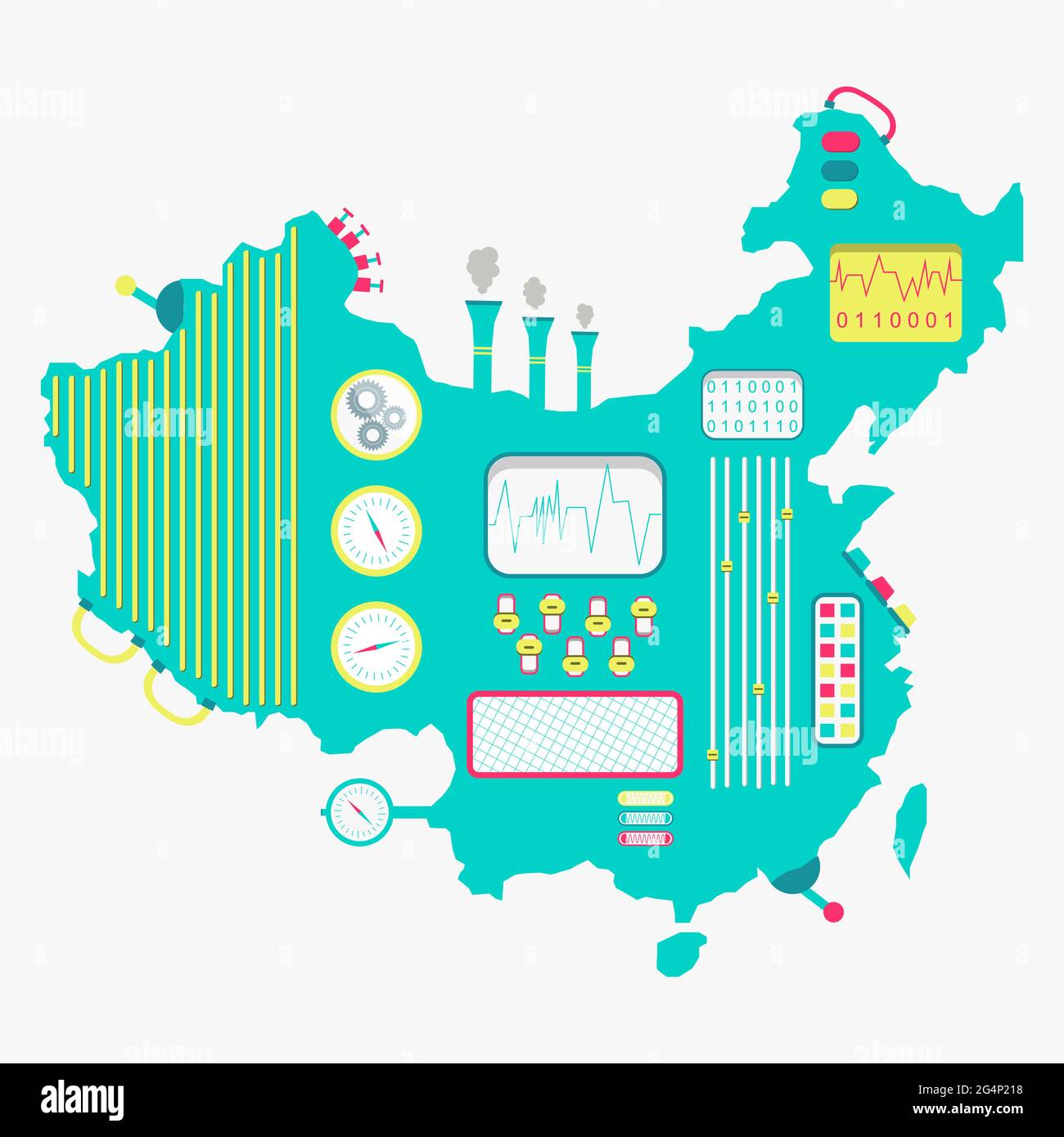 Mappa della Cina come una macchina carina con pulsanti, pannelli e leve. Isolato. Sfondo bianco. Illustrazione Vettoriale