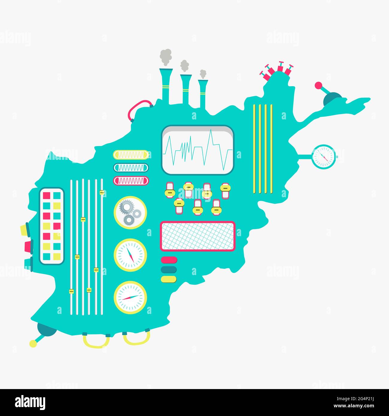 Mappa dell'Afghanistan come una macchina carina con pulsanti, pannelli e leve. Isolato. Sfondo bianco. Illustrazione Vettoriale