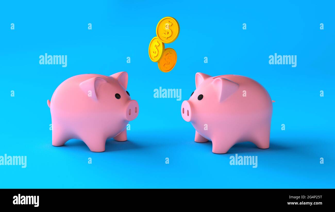 Ripartizione dei profitti da parte delle banche piggy. Due banche piggy rosa con monete d'oro su sfondo blu. rendering 3d. Foto Stock
