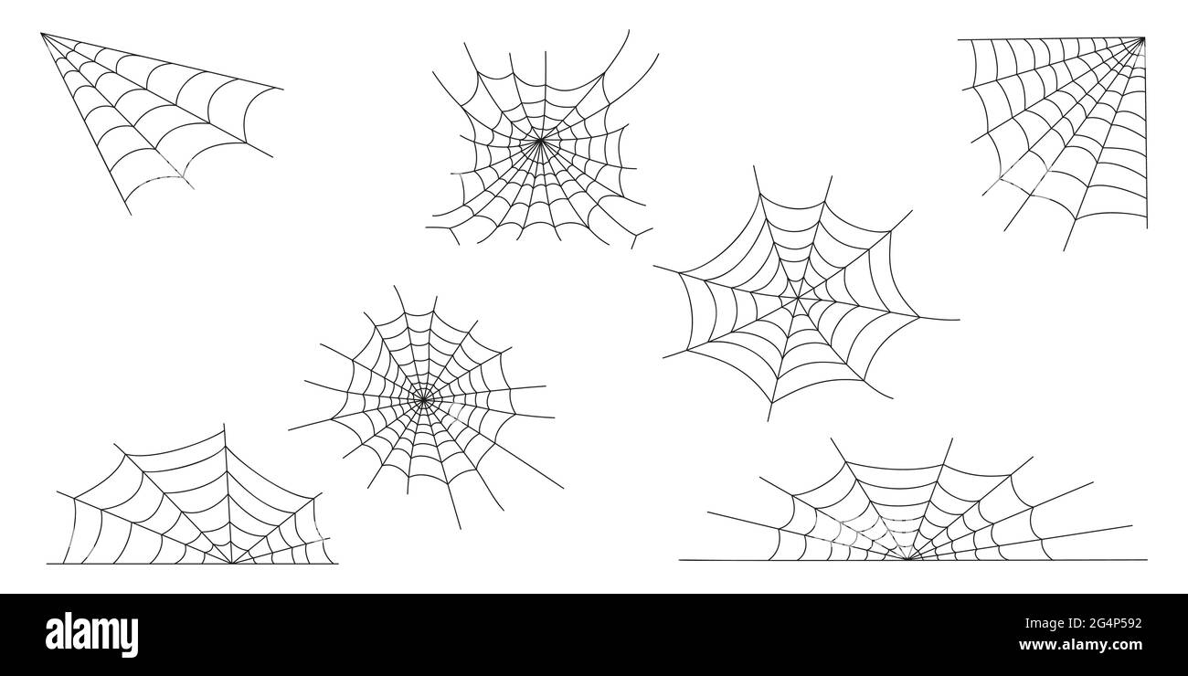 Le icone Cobweb vengono isolate su sfondo bianco. Spider web textures, elementi per la decorazione di Halloween party. Illustrazione vettoriale. Illustrazione Vettoriale