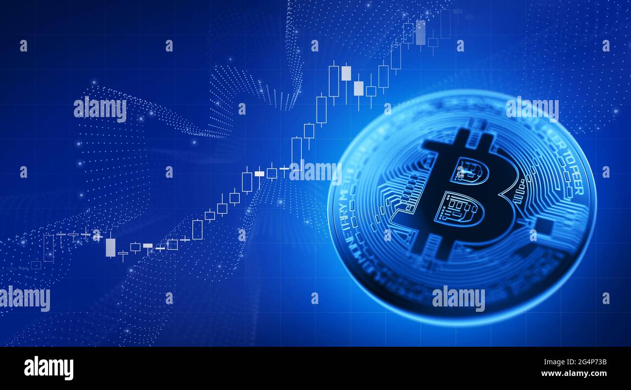 Bitcoin con grafico a candelabro. Valuta virtuale. Colore blu. illustrazione 3d. Foto Stock