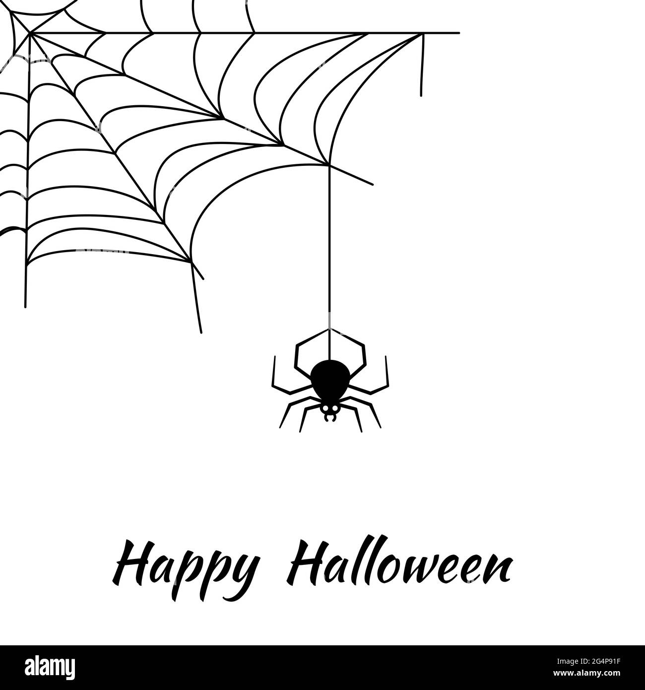 Felice biglietto di auguri di Halloween con parole. Sfondo bianco arancione con ciottoli e un ragno appeso. Decorazione della camera per le vacanze, decorazione, oggetto di design, banner, poster.Vector appartamento Illustrazione Vettoriale