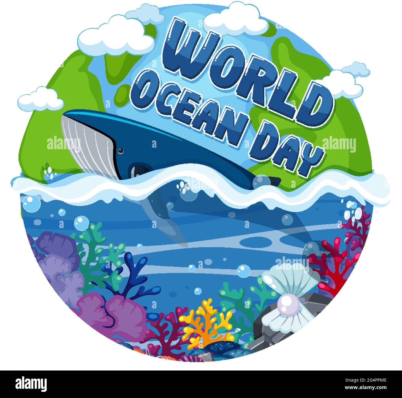 Banner Giornata Mondiale dell'Oceano con balena nell'oceano illustrazione isolata Illustrazione Vettoriale