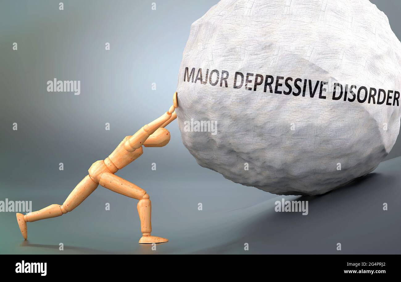 Disturbo depressivo maggiore e condizione umana, raffigurato come una figura umana che spinge il peso per mostrare quanto può essere difficile affrontare il grave disso depressivo Foto Stock