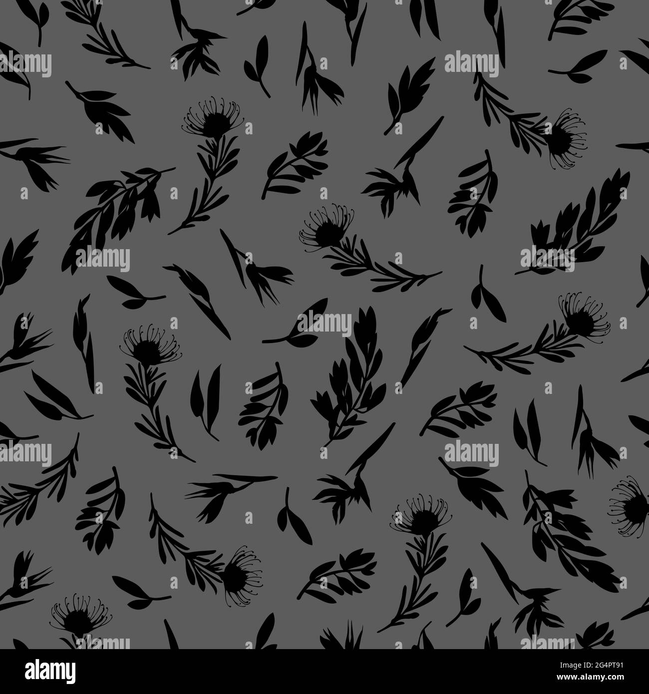 Serie vettoriale di disegni senza giunture di foglie tropicali, piante, fiori su grigio e giallo. Bella stampa con piante esotiche. Progettazione botanica di tessuti, carte da parati, cosmetici naturali, profumi. Illustrazione Vettoriale