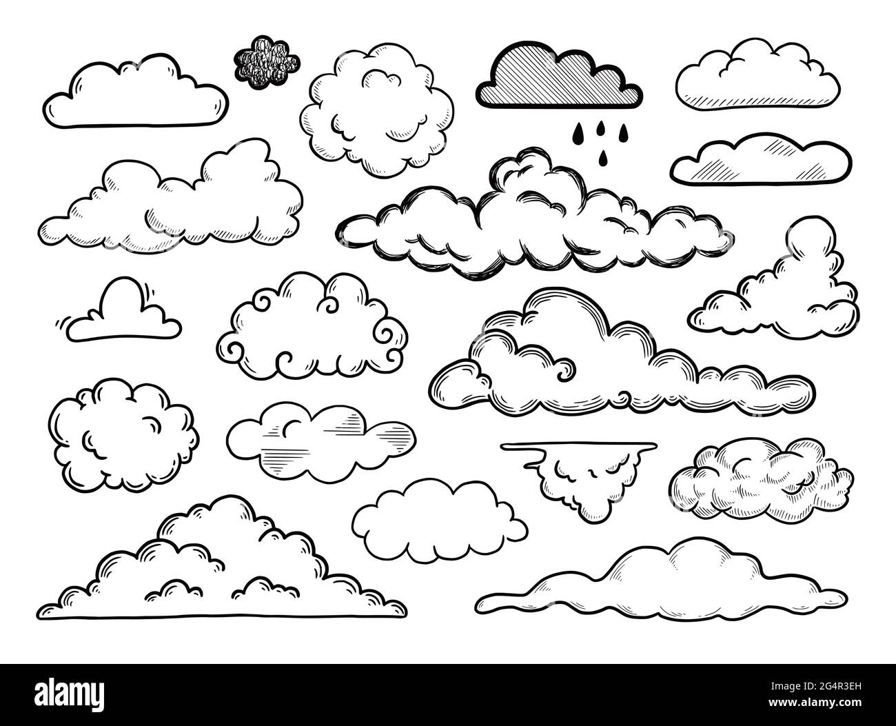 Insieme di nuvole disegnate a mano. Fumetto stile schizzo Doodle. Semplice disegno a linee tracciate. Illustrazione vettoriale. Illustrazione Vettoriale