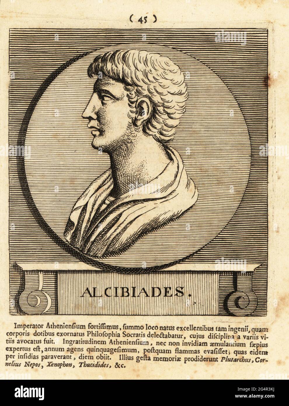 Alcibiades, figlio di Cleinias, c. 450–404 a.C., eminente statista ateniese, oratore e generale. Incisione su copperplate di Pieter Bodart (1676-1712) da Henricus Spoor's Deorum et Heroum, virorum et mulierum Illustrium imagines Antiquae Illustatae, dei ed Eroi, uomini e Donne, Illustrated with Antique Images, Petrum, Amsterdam, 1715. Pubblicato per la prima volta come Favissæ utriusque antiquitatis tam Romanæ quam Græcæ nel 1707. Henricus Spoor era un medico olandese, studioso di musica classica, poeta e scrittore, fl. 1694-1716. Foto Stock