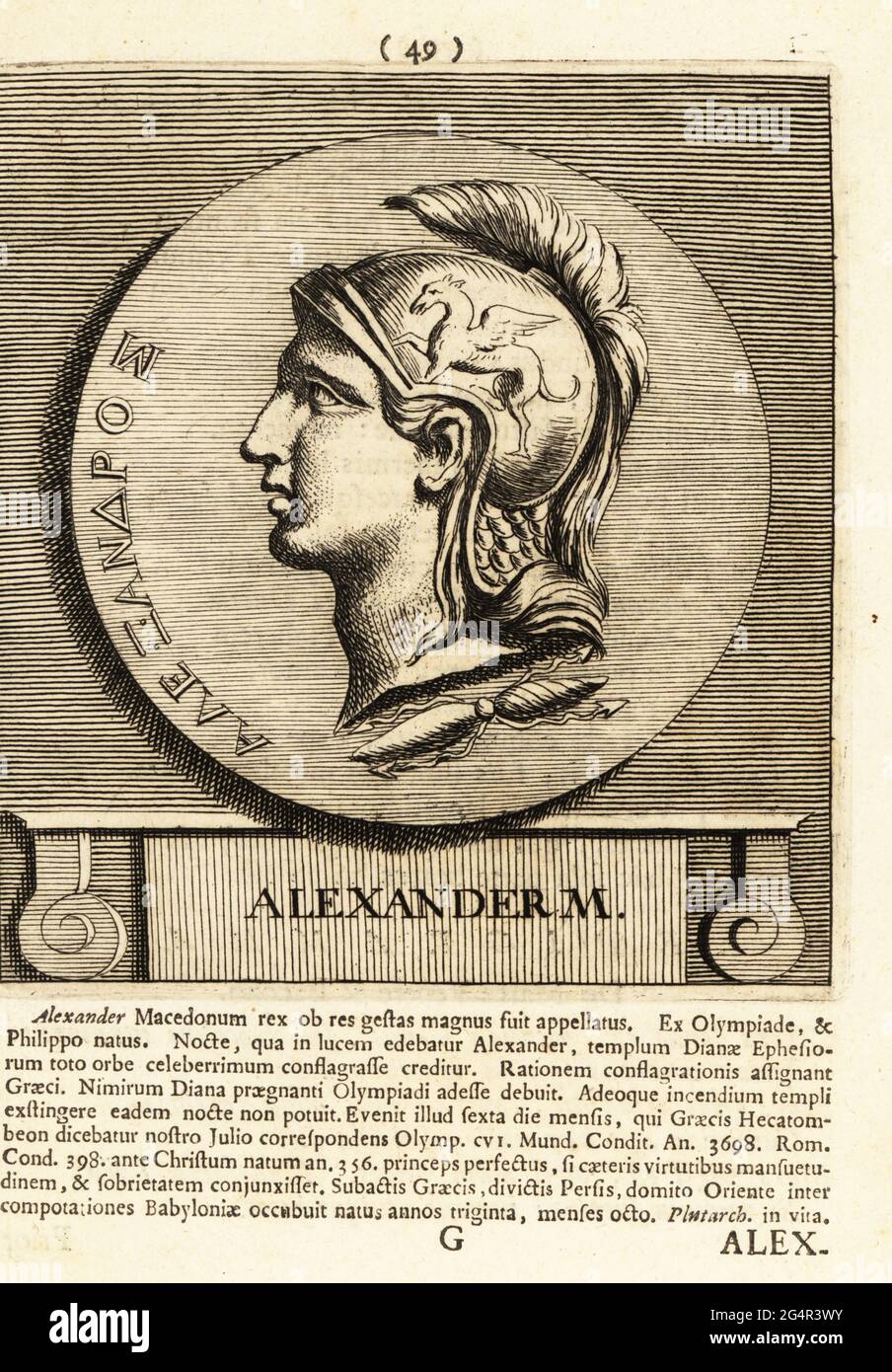 Profilo ritratto di Alessandro Magno, Alessandro III di Macedone, 356 – 323  a.C., re dell'antico regno greco di Macedone. In casco decorato con  incisione di un cavallo alato Bucephalus. Incisione su copperplate