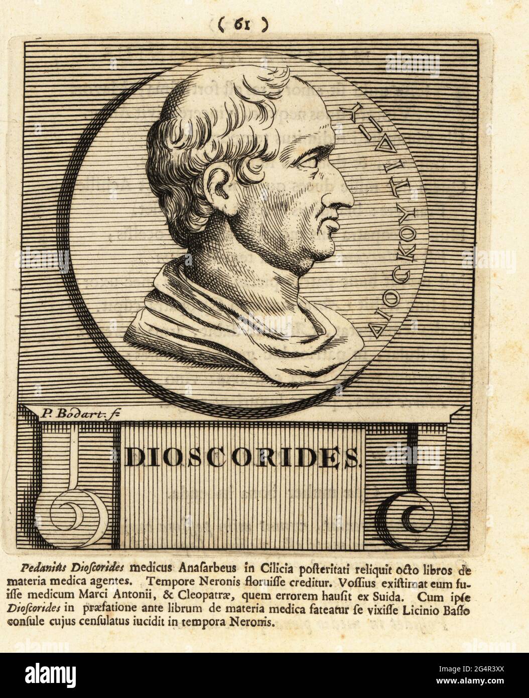 Pedanius Dioscorides, c.40–90 d.C., medico greco, farmacologo, botanico e autore di De materia medica, un'enciclopedia greca sulla medicina erboristica o sulla farmacopea. Dioscoridi. Incisione su copperplate di Pieter Bodart (1676-1712) da Henricus Spoor's Deorum et Heroum, virorum et mulierum Illustrium imagines Antiquae Illustatae, dei ed Eroi, uomini e Donne, Illustrated with Antique Images, Petrum, Amsterdam, 1715. Pubblicato per la prima volta come Favissæ utriusque antiquitatis tam Romanæ quam Græcæ nel 1707. Henricus Spoor era un medico olandese, studioso di musica classica, poeta e scrittore, fl. 1694-1716. Foto Stock