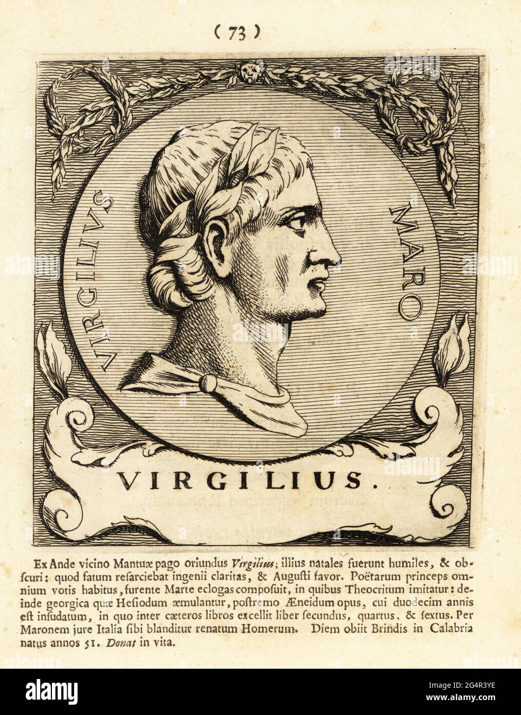Publio Vergilius Maro, poeta latino in corona d'alloro. Virgil o Vergil, 70 a.C. - 19 a.C., antico poeta romano del periodo augusteo, autore degli Eclogues, dei georgici e dell'Eneide epica. Incisione su copperplate di Pieter Bodart (1676-1712) da Henricus Spoor's Deorum et Heroum, virorum et mulierum Illustrium imagines Antiquae Illustatae, dei ed Eroi, uomini e Donne, Illustrated with Antique Images, Petrum, Amsterdam, 1715. Pubblicato per la prima volta come Favissæ utriusque antiquitatis tam Romanæ quam Græcæ nel 1707. Henricus Spoor era un medico olandese, studioso di musica classica, poeta e scrittore, fl. 1694-1716. Foto Stock
