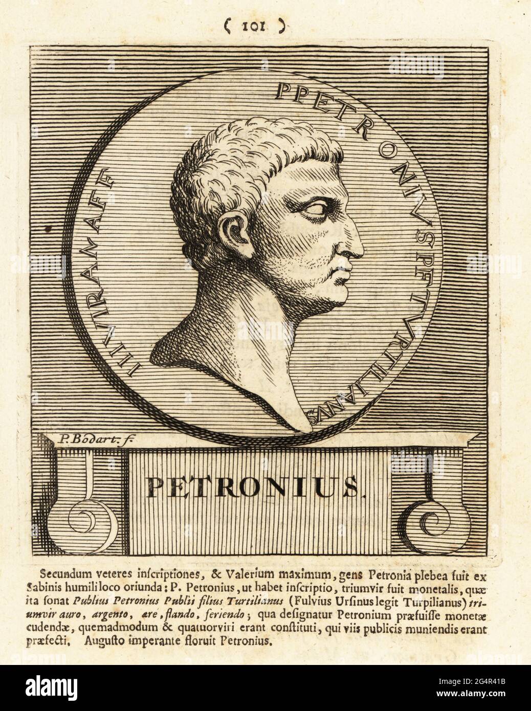 Petronio. Gaius Petronius Arbiter, c.. 27–66 d.C.; cortigiano romano durante il regno di Nerone, autore del Satiricone, romanzo satirico. Incisione su copperplate di Pieter Bodart (1676-1712) da Henricus Spoor's Deorum et Heroum, virorum et mulierum Illustrium imagines Antiquae Illustatae, dei ed Eroi, uomini e Donne, Illustrated with Antique Images, Petrum, Amsterdam, 1715. Pubblicato per la prima volta come Favissæ utriusque antiquitatis tam Romanæ quam Græcæ nel 1707. Henricus Spoor era un medico olandese, studioso di musica classica, poeta e scrittore, fl. 1694-1716. Foto Stock