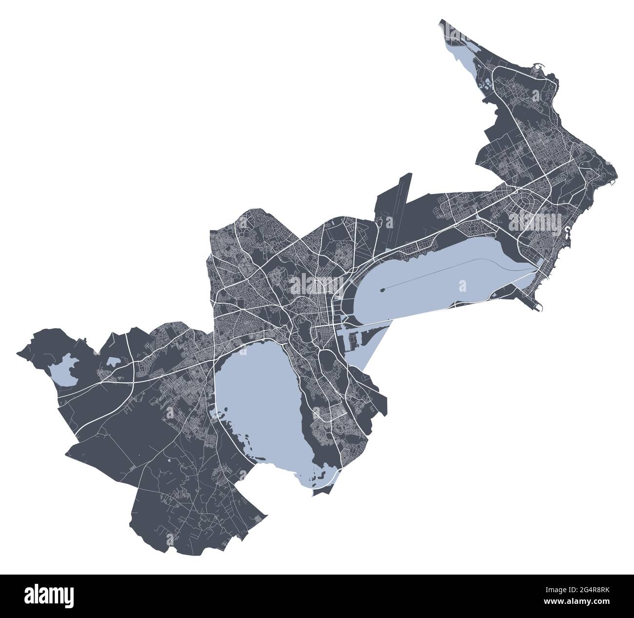 Mappa di Tunisi. Mappa vettoriale dettagliata dell'area amministrativa della città di Tunisi. Poster del paesaggio urbano vista aria metropolitana. Terra buia con strade bianche, strade e Ave Illustrazione Vettoriale