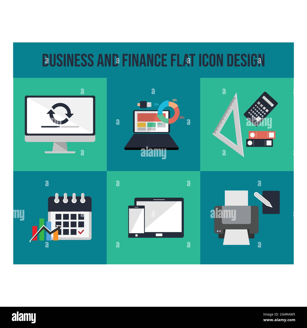 Concetto di icone piatte per il business e la finanza. Progettazione di modelli di infografiche aziendali. Finanza aziendale vettoriale. Icone di progettazione dell'infografica sul Web Illustrazione Vettoriale