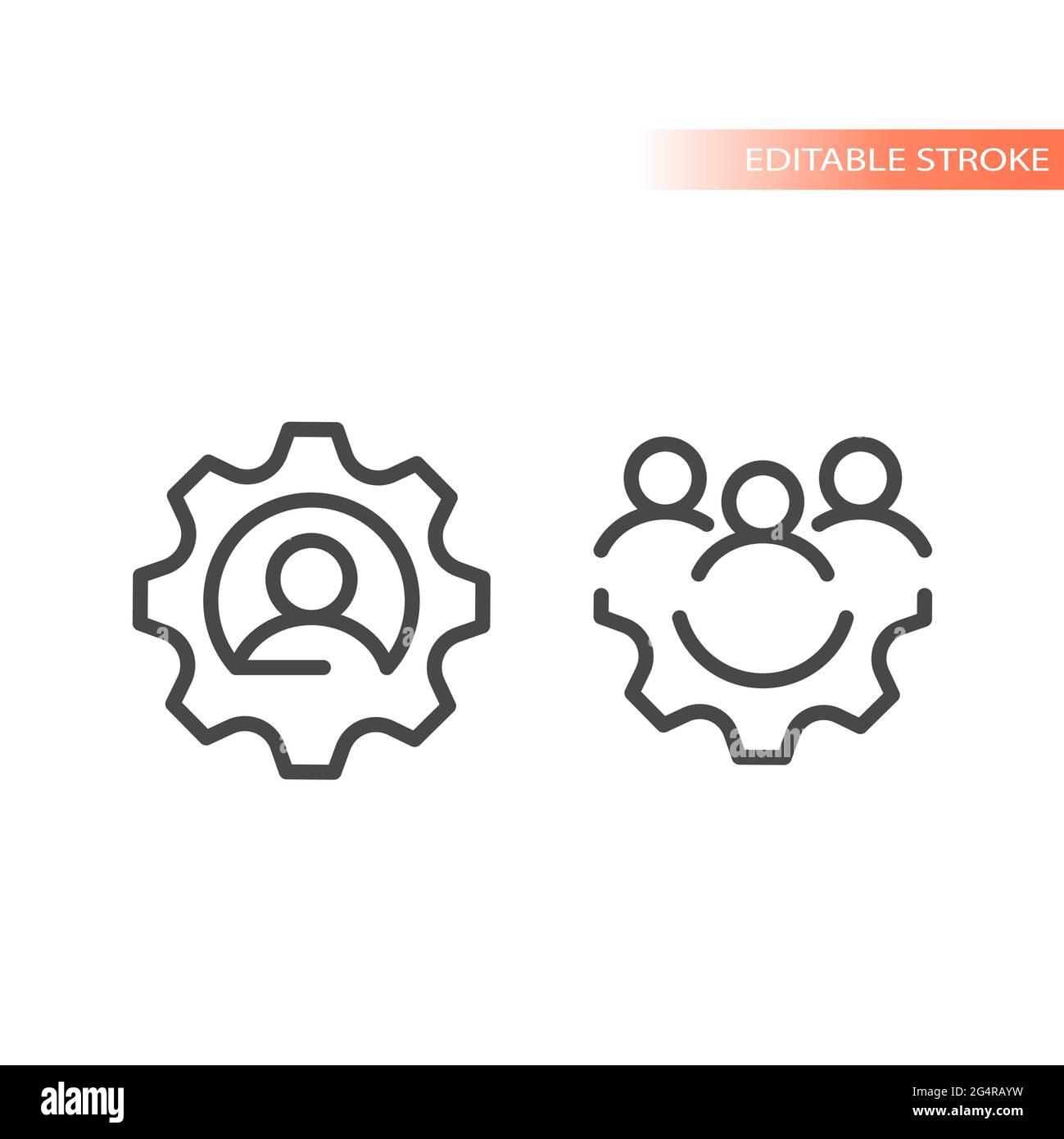 Ingranaggio o ruota dentata con l'icona del gruppo di persone. Team, risorse umane o vettore di linea di gestione, tratto modificabile. Illustrazione Vettoriale