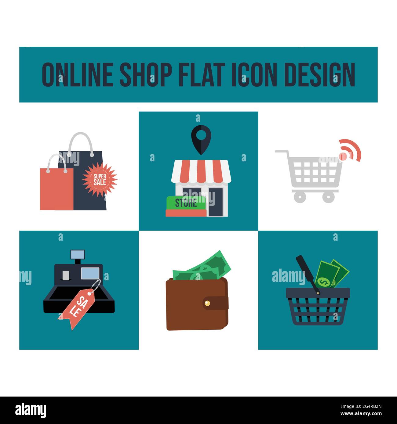 E-commerce e Shopping online icone. Collezione di design piatto. Vettore creativo di processo e-business con icone piatte, progettazione infografica di e-commerce Illustrazione Vettoriale