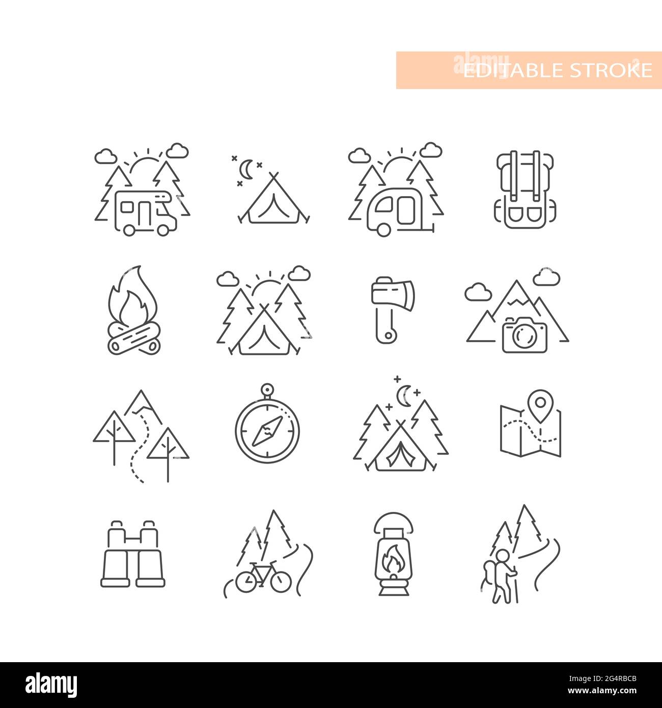 Outdoor, natura attività linea set di icone. Carino campeggio e icone escursionistiche, tratto modificabile. Illustrazione Vettoriale