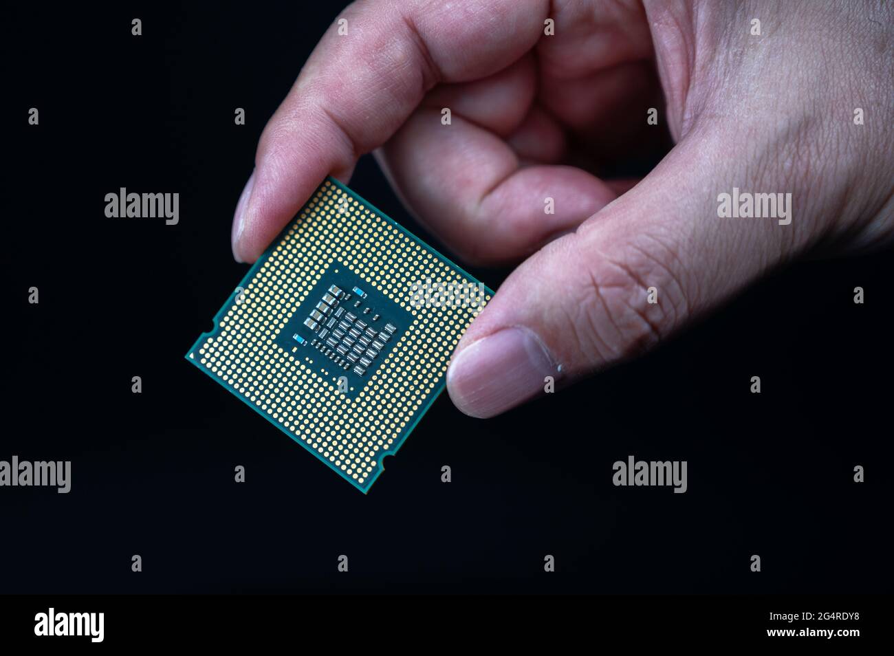 Mano che tiene la CPU su sfondo nero Foto Stock