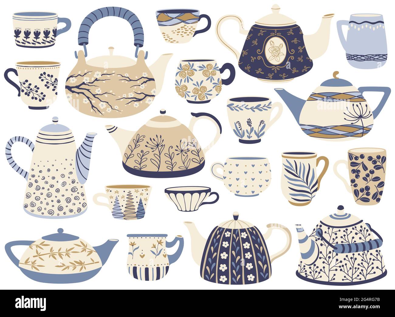 Teiera e tazza in ceramica. Bollitori per tè in porcellana, tazze da caffè con elementi decorativi. Set vettoriale di tazze e teiere ornate disegnate a mano. utensili da cucina floreali o stoviglie con elementi decorativi Illustrazione Vettoriale