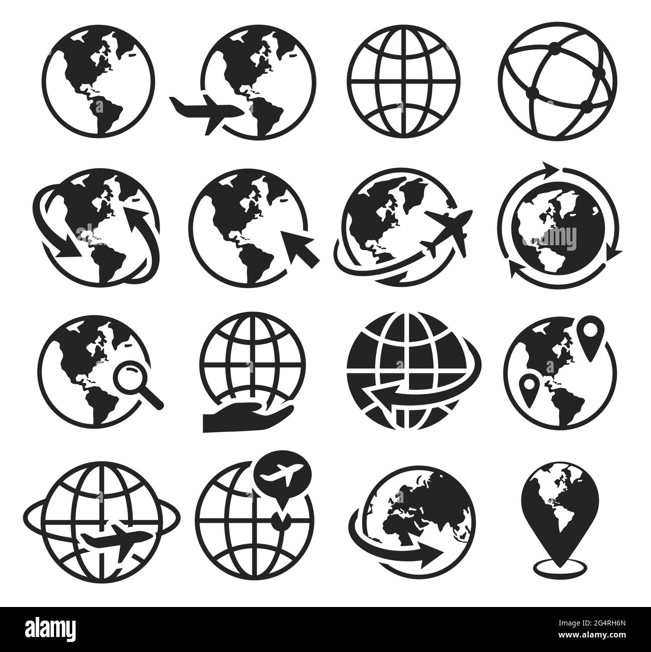 Icone di terra. Comunicazione internazionale, internet, vai al web, in tutto il mondo in aereo. Insieme di vettori di silhouette di simbolo geografico mondiale globo. Esplorazione, località sulla mappa del globo Illustrazione Vettoriale