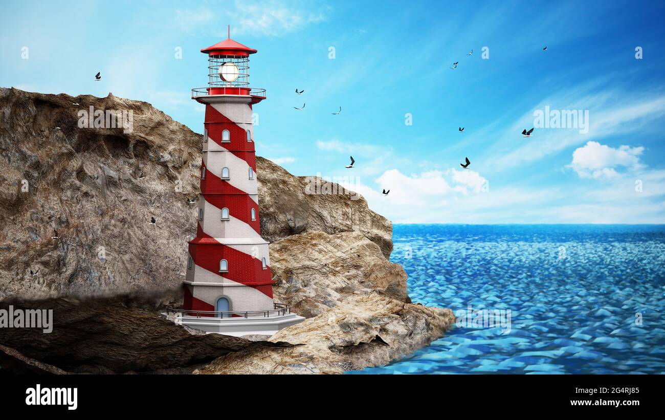 Faro generico su una scogliera vicino al mare. Illustrazione 3D. Foto Stock