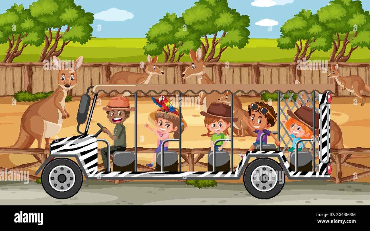 Safari scena con i bambini in auto turistica guardando kangaroo gruppo illustrazione Illustrazione Vettoriale