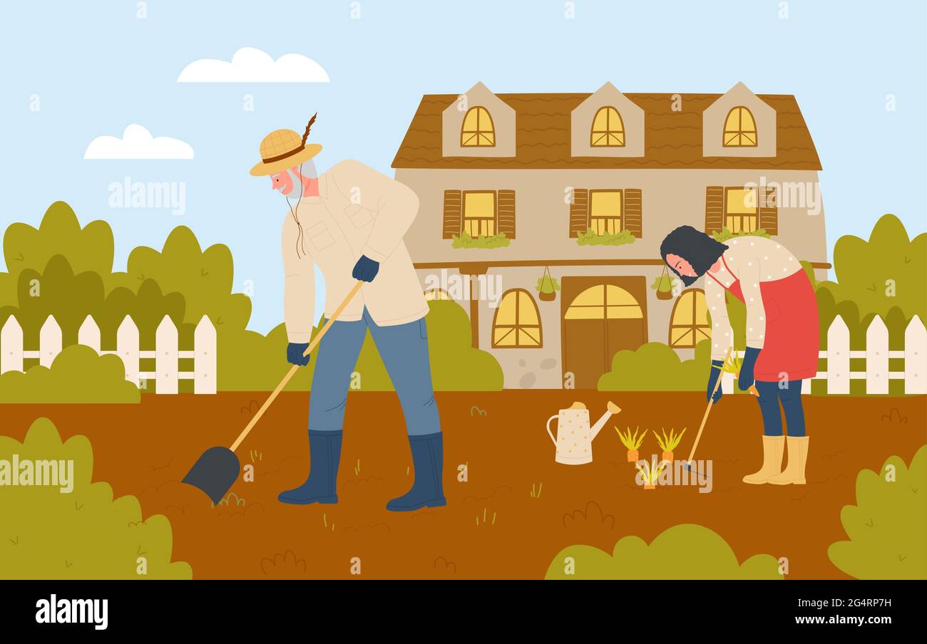 Persone agricoltori lavoro in fattoria giardino illustrazione vettoriale. Cartoon giardiniere personaggi in gomma stivali agricoltura, uomo lavoratore di lavoro con pala, donna giardinaggio, raccolta di carote verdure sfondo Illustrazione Vettoriale