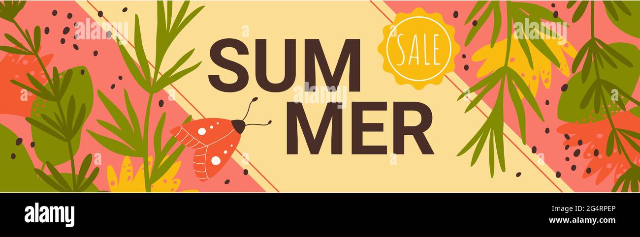 Banner floreale estivo, betle farfalla, foglie verdi flora e fiori per la pubblicità e sconto offerta di vendita illustrazione vettoriale. Cartone animato decorazione giardino carino in negozio modello di promozione Illustrazione Vettoriale