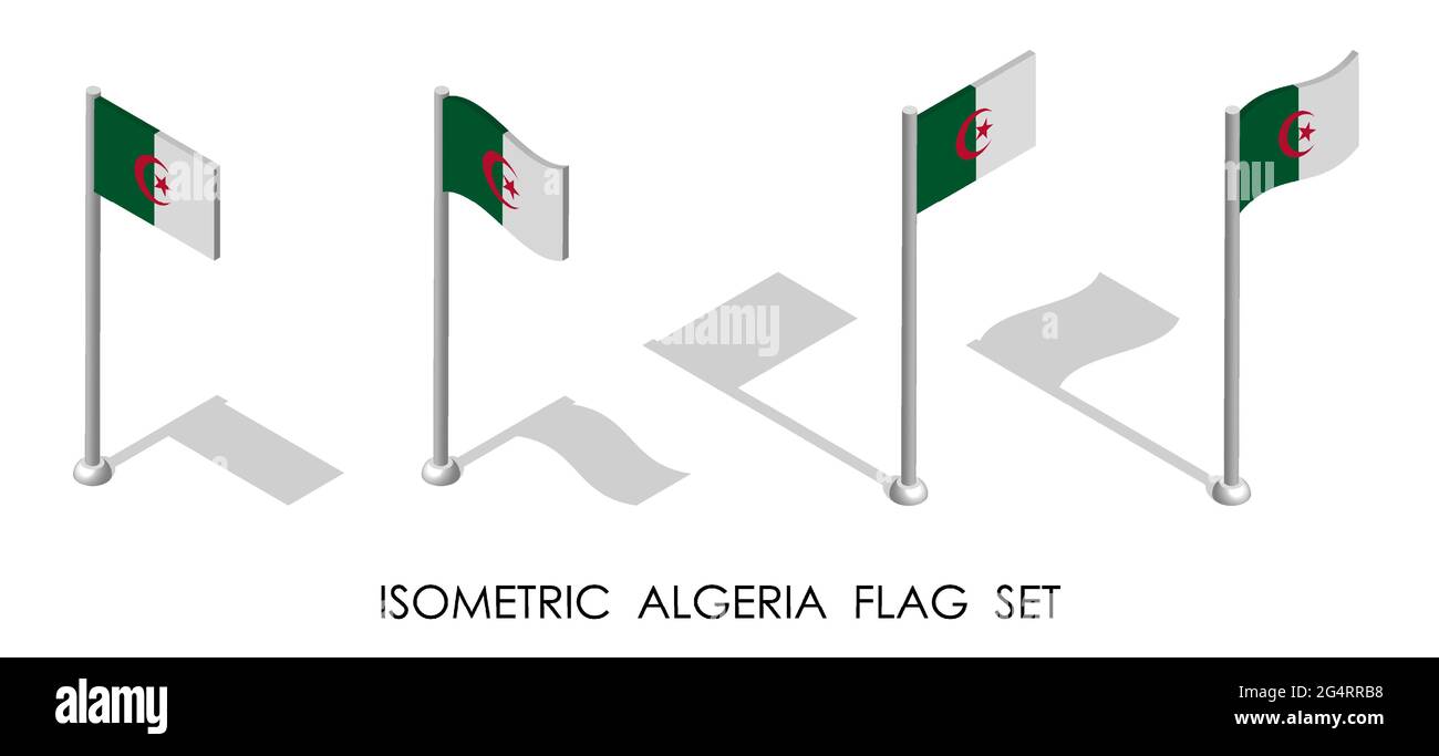 Bandiera isometrica dell'Algeria in posizione statica e in movimento sul flagpole. vettore 3d Illustrazione Vettoriale