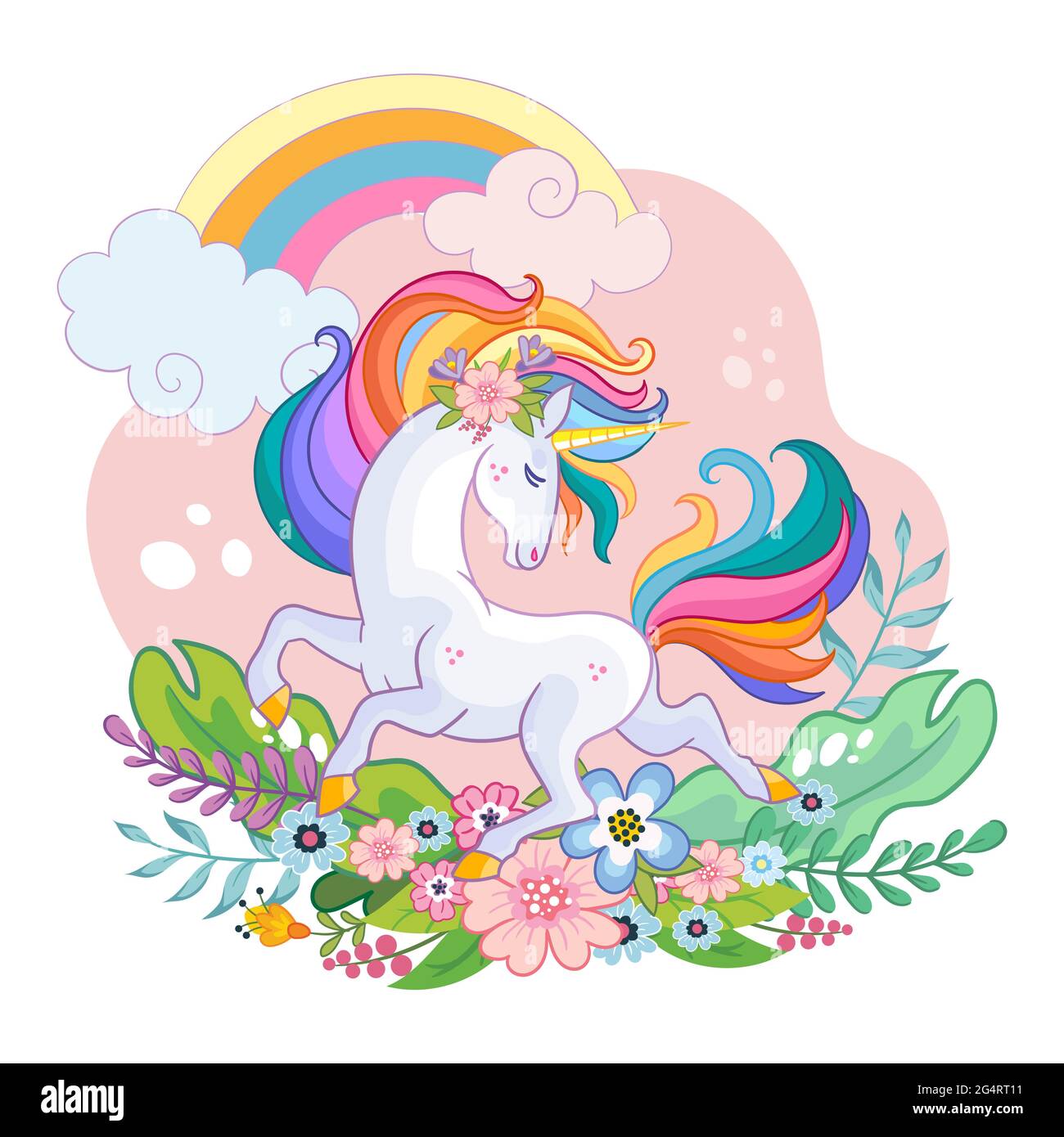 Unicorno bianco con fiori. Illustrazione vettoriale per il disegno