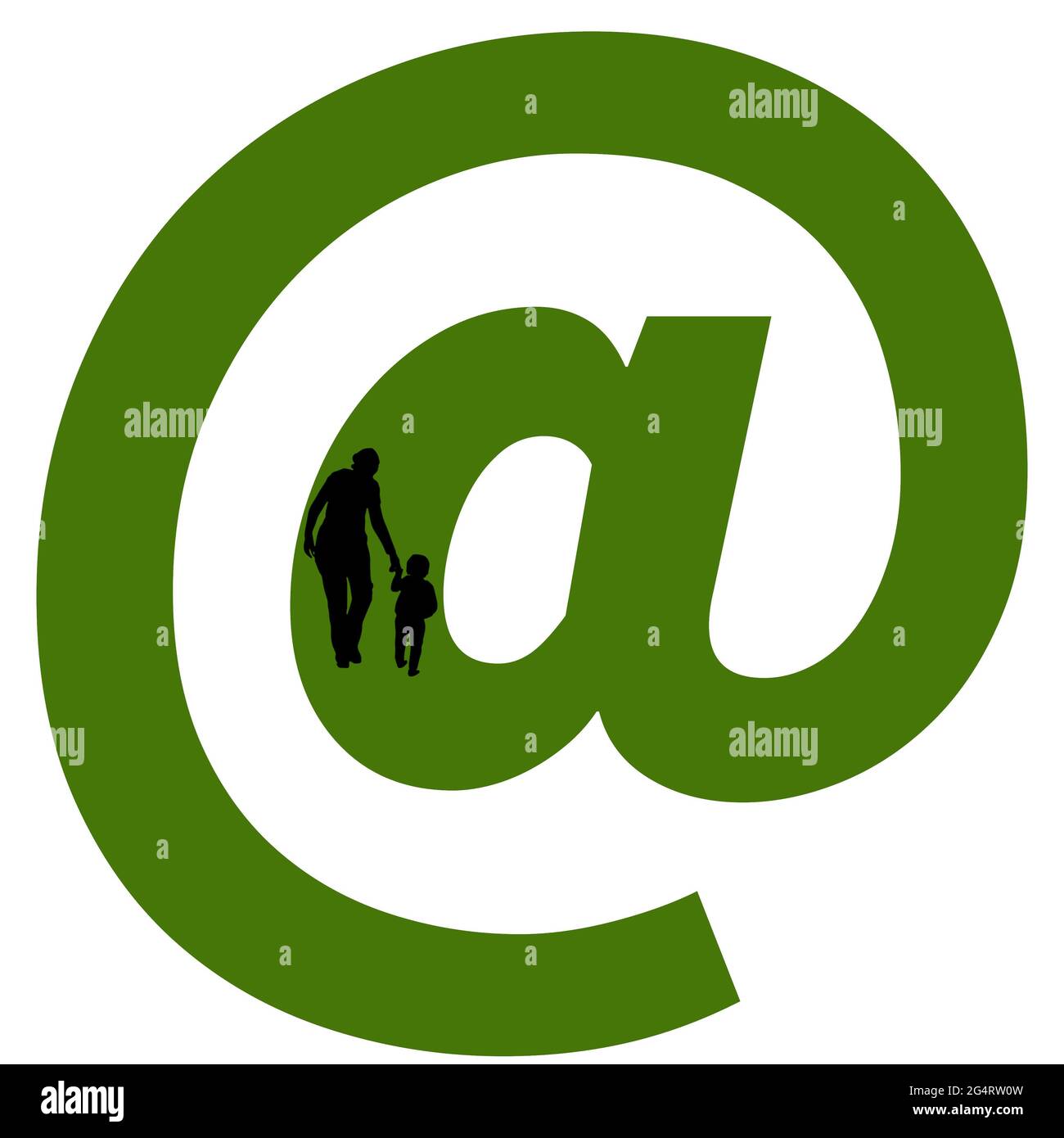 Al segno dell'alfabeto fatto con la silhouette di una madre e di un bambino che cammina, in verde e nero Foto Stock