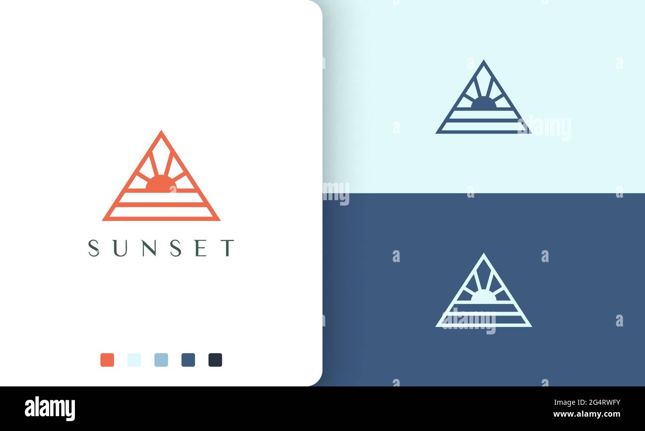 il logo triangolare della spiaggia o del mare ha una forma semplice e moderna del sole Illustrazione Vettoriale