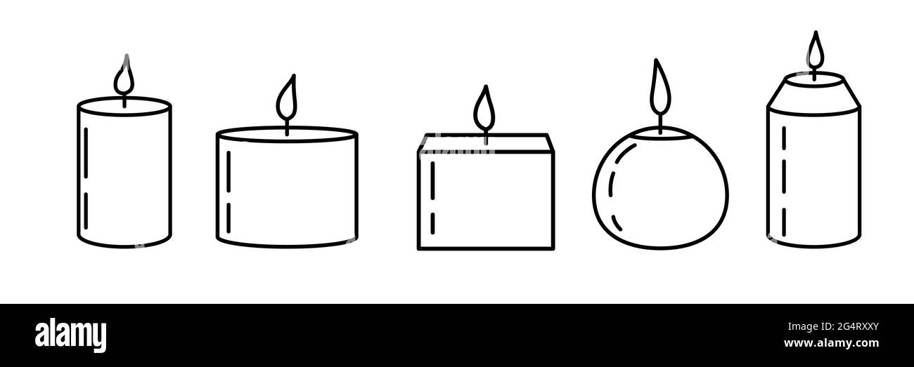 Set di icone candela su sfondo bianco. Candele aromatiche isolate con fiamma. Illustrazione vettoriale in stile piatto. Illustrazione Vettoriale
