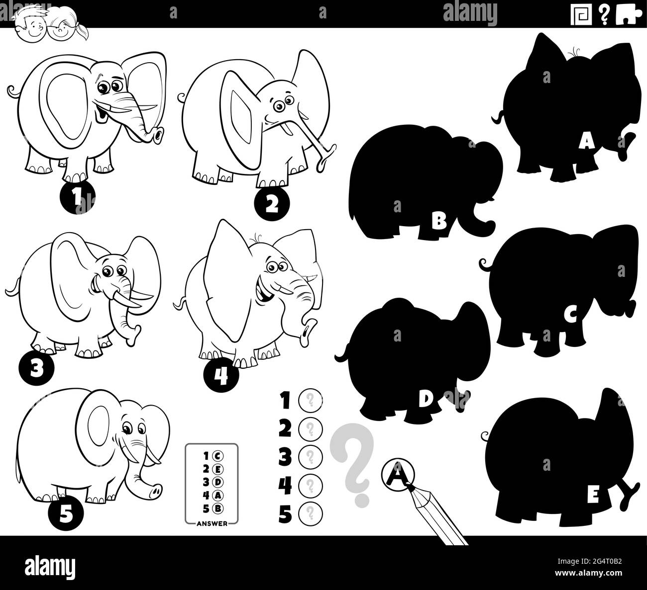 Cartoni animati in bianco e nero illustrazione di trovare le ombre destra per le immagini gioco educativo per i bambini con elefanti animali caratteri colore Illustrazione Vettoriale