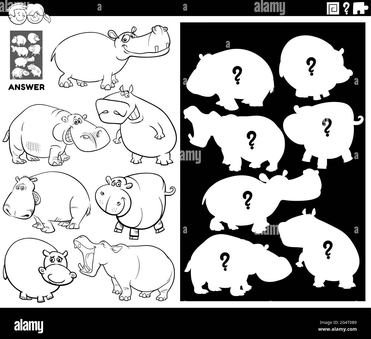 Cartoni animati in bianco e nero illustrazione delle immagini della partita e la forma o la silhouette giusta con hippopotamus animale personaggi gioco educativo per chil Illustrazione Vettoriale