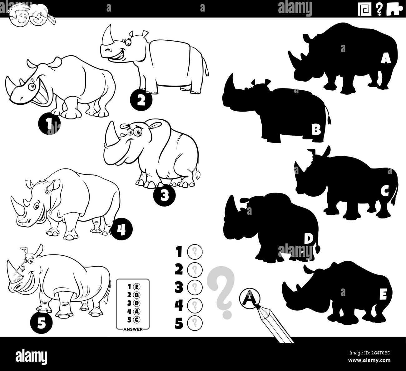 Cartoni animati in bianco e nero illustrazione di trovare le ombre di destra per le immagini gioco educativo per i bambini con rinoceronti animali colo caratteri Illustrazione Vettoriale