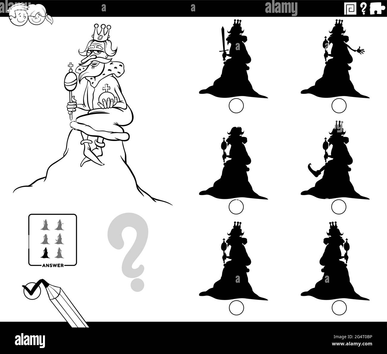 Cartoni animati in bianco e nero illustrazione di trovare l'ombra senza differenze gioco educativo per i bambini con il re della collina che dice colorare boo Illustrazione Vettoriale