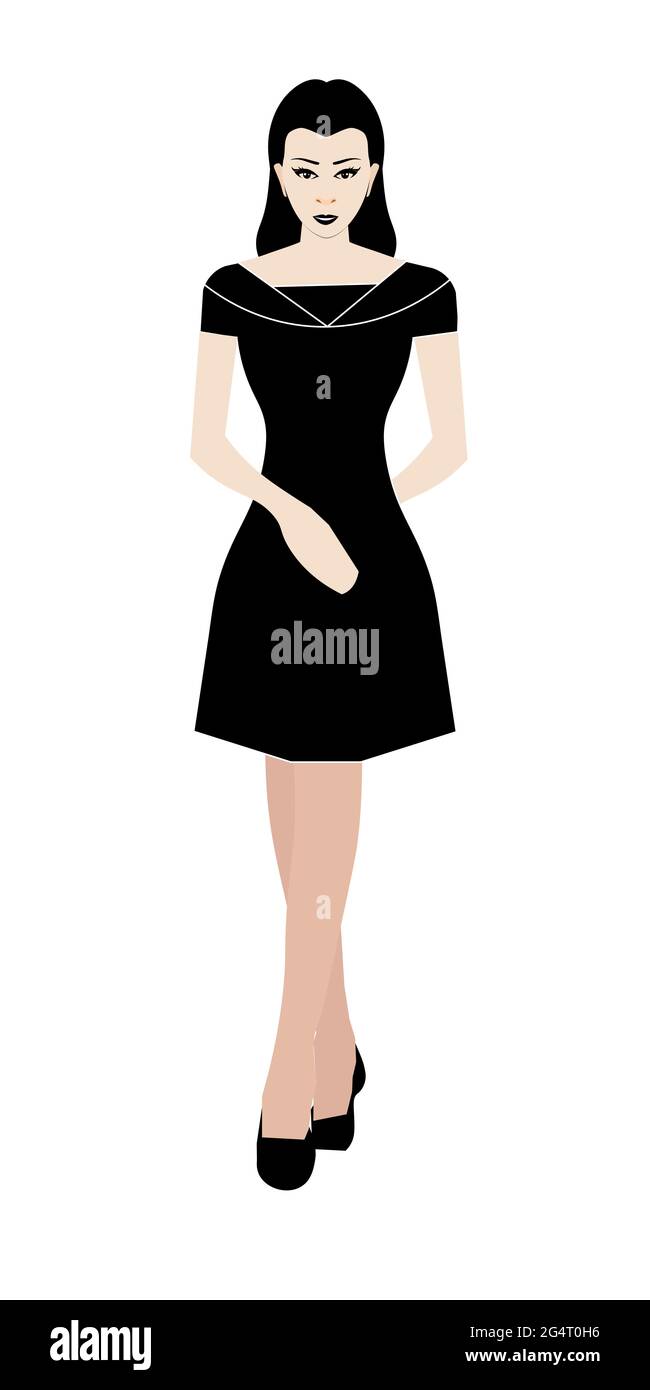 Donna con abito corto, fiducioso signora in abito nero Foto Stock