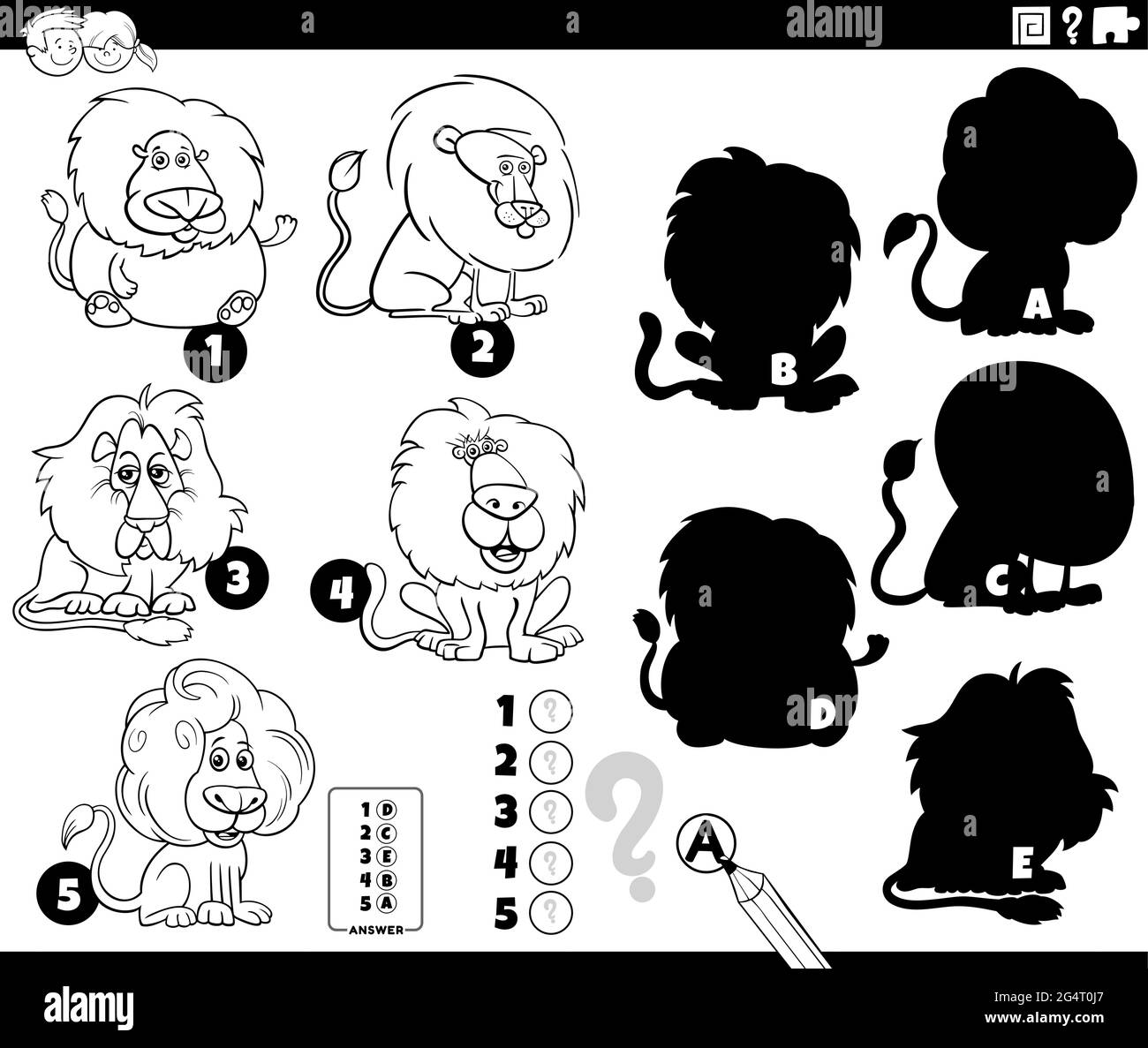 Cartoni animati in bianco e nero illustrazione di trovare le ombre di destra per le immagini gioco educativo per i bambini con leoni animali caratteri colorare Illustrazione Vettoriale