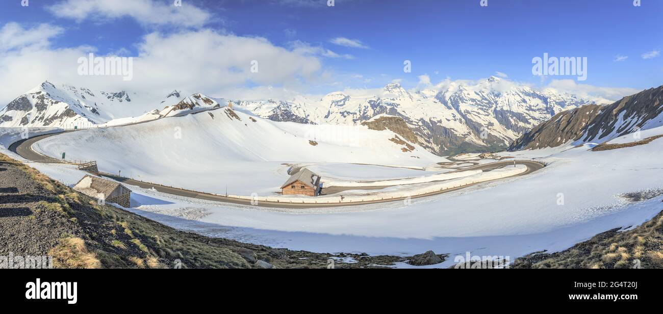 Vista panoramica da Fuscher Törl alla strada alpina di Großglockner Foto Stock